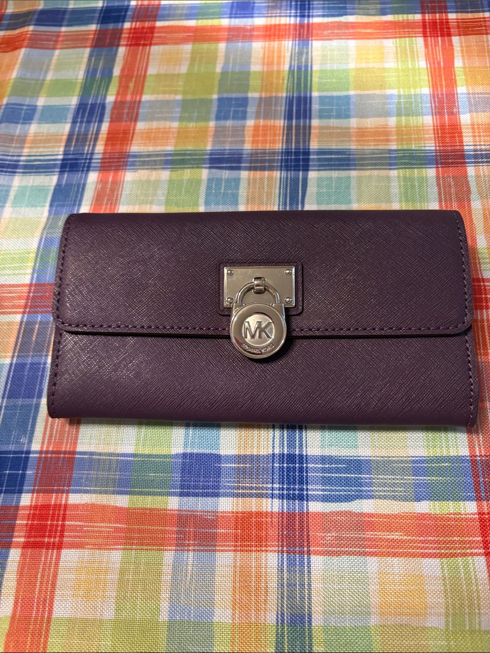 Michael Kors Plum Saffiano Leather Clutch Wallet with Silver MK Charm